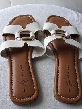 Time and Tru White Slide Mules with Gold Buckle